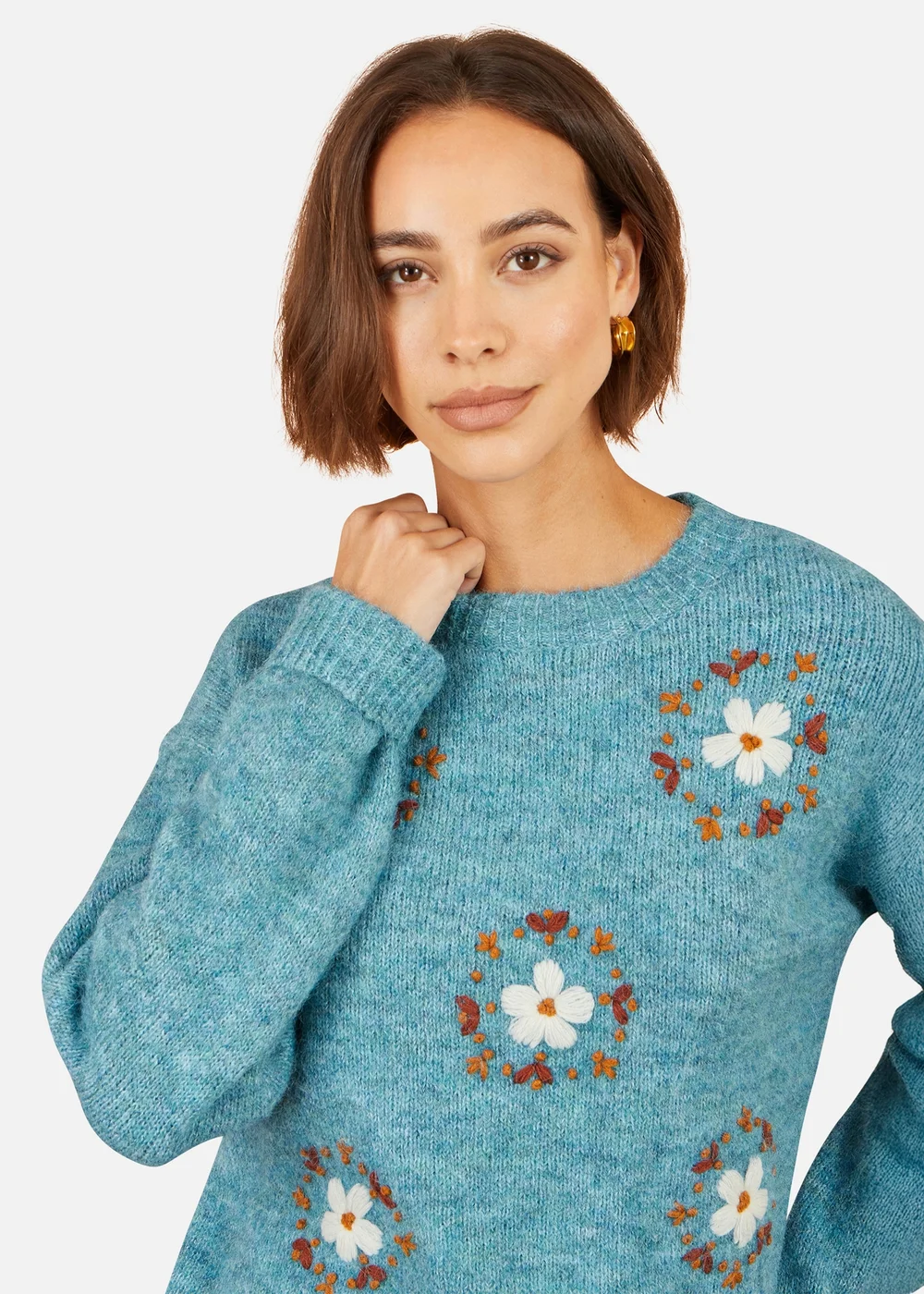 Yumi Blue Patch Floral Embroidered Relaxed Jumper - M Image 3