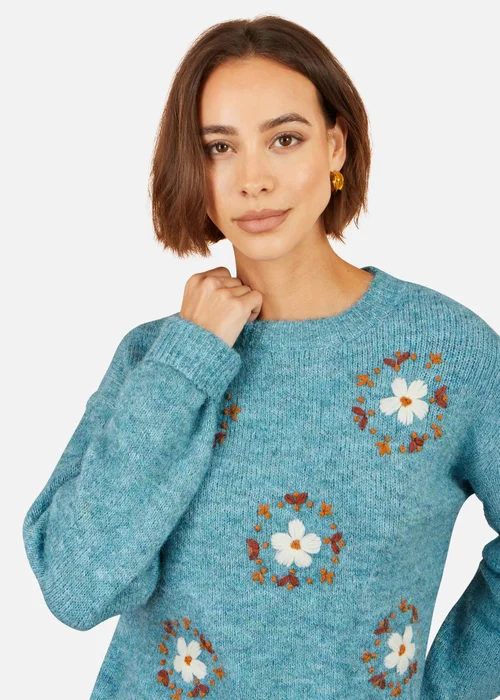 Yumi Blue Patch Floral Embroidered Relaxed Jumper - M Image 3