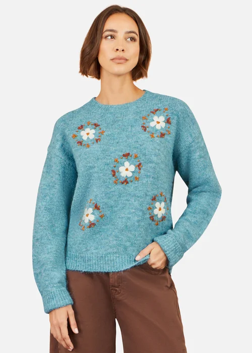 Yumi Blue Patch Floral Embroidered Relaxed Jumper - M Image 1