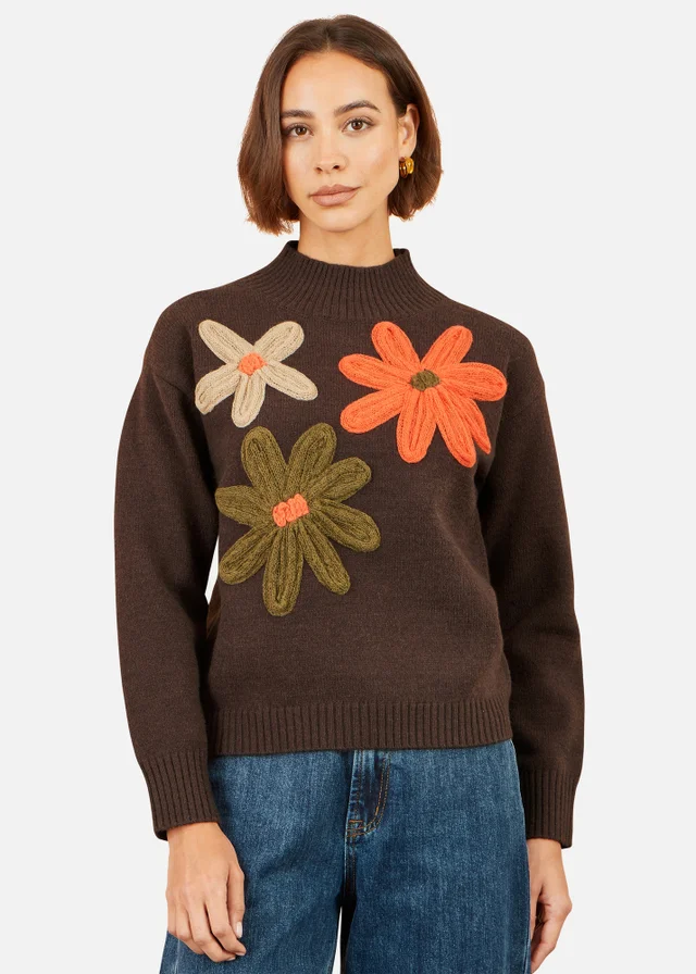 Yumi Brown Knitted High Neck Jumper With Applique Flowers