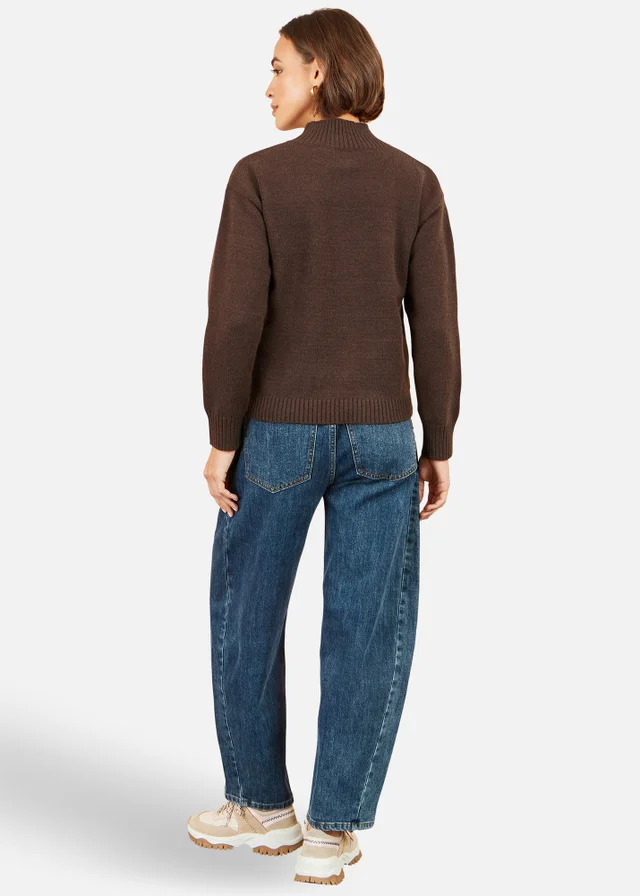 Yumi Brown Knitted High Neck Jumper With Applique Flowers
