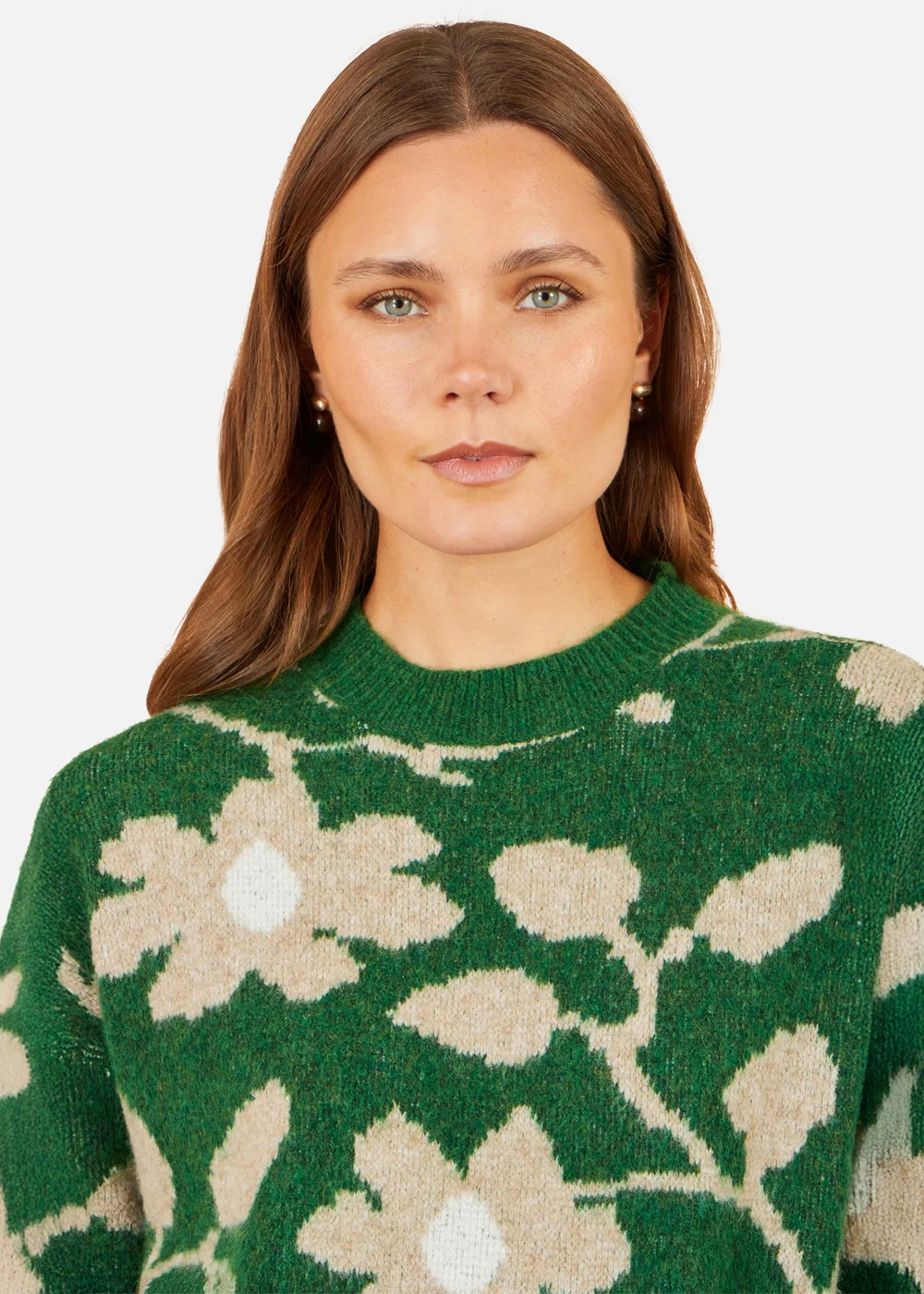 Yumi Green Floral Intarsia Relaxed Fit Jumper - L Image 4