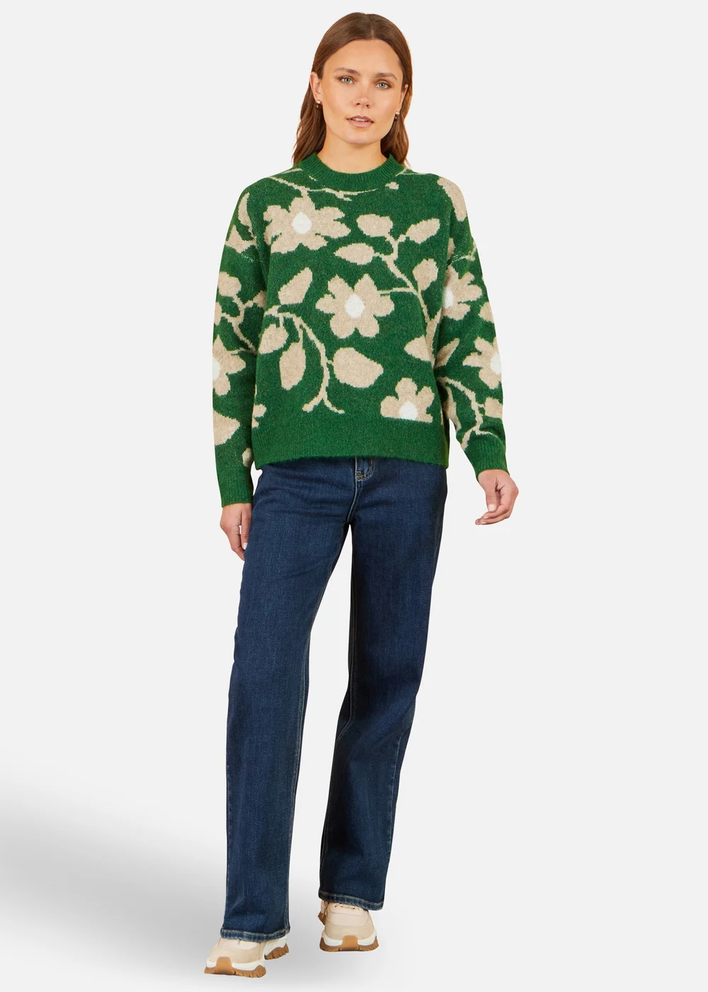 Yumi Green Floral Intarsia Relaxed Fit Jumper - L Image 2