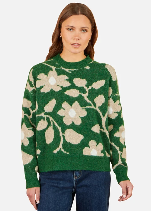 Yumi Green Floral Intarsia Relaxed Fit Jumper - L Image 1