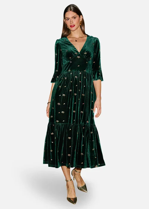 Yumi Green Velvet Embroidered Midi Dress - 12 Image 1