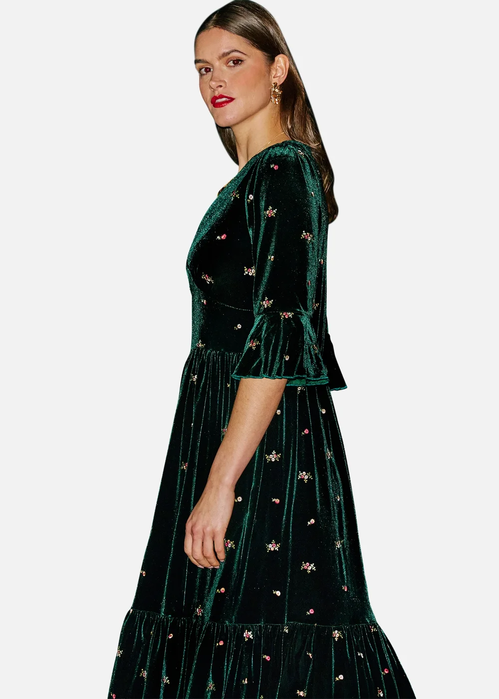 Yumi Green Velvet Embroidered Midi Dress - 12 Image 4