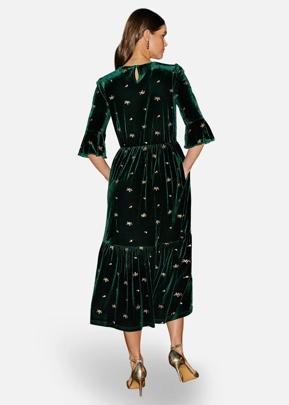 Yumi Green Velvet Embroidered Midi Dress - 12 Image 5
