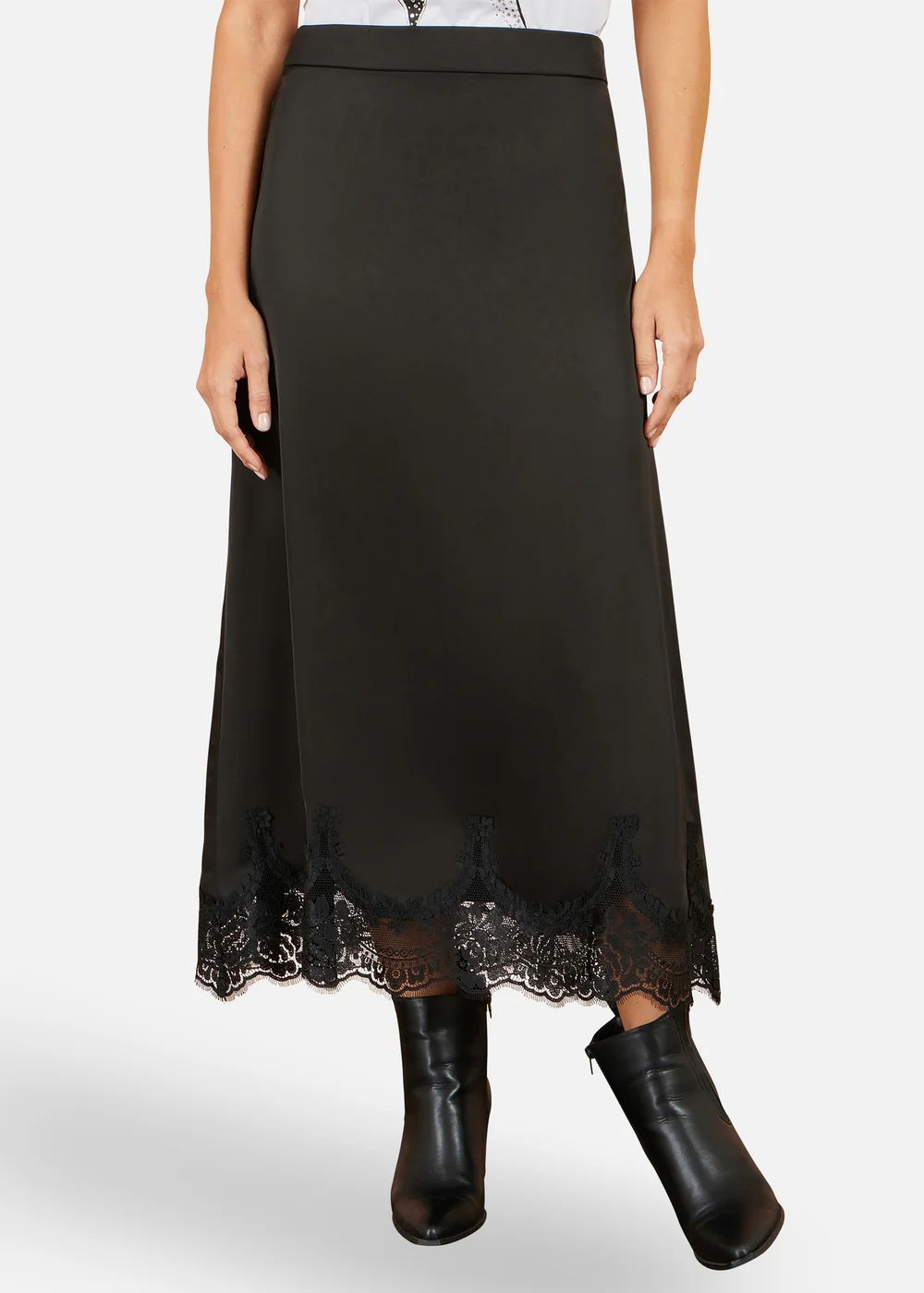Yumi Black Satin Midi Skirt With Lace Trims - 8 Image 1