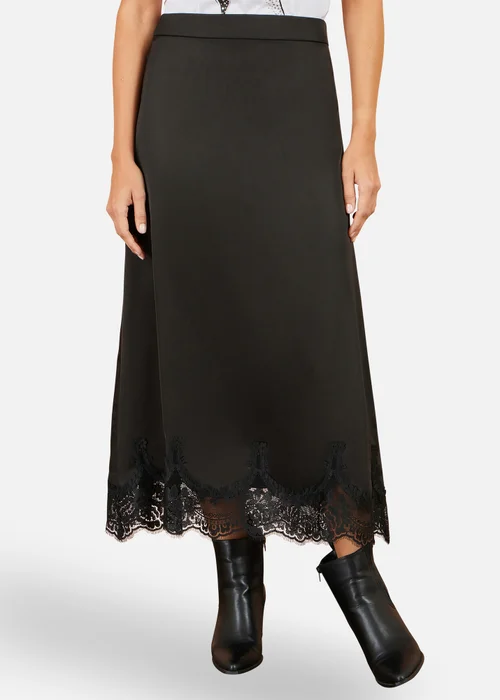 Yumi Black Satin Midi Skirt With Lace Trims - 8 Image 1