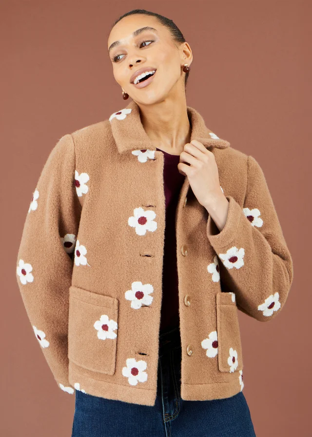 Yumi Brown Embroidered Daisy Fleece Jacket
