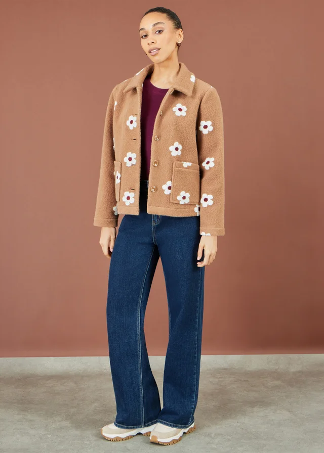 Yumi Brown Embroidered Daisy Fleece Jacket