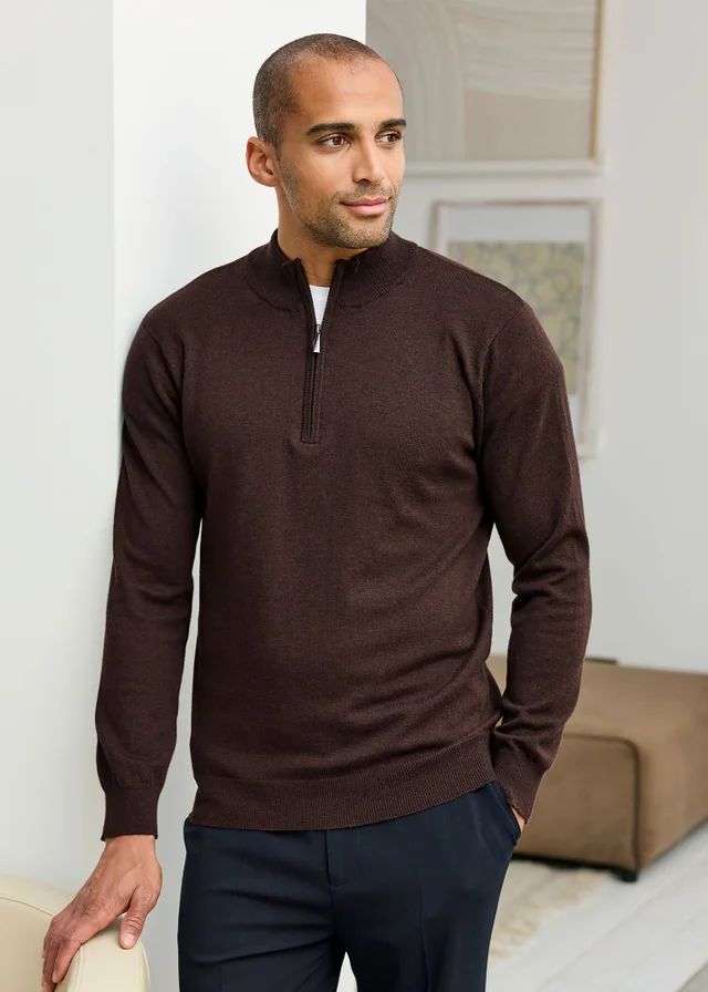 Cotton Traders Espresso Luxury Merino Half Zip Jumper