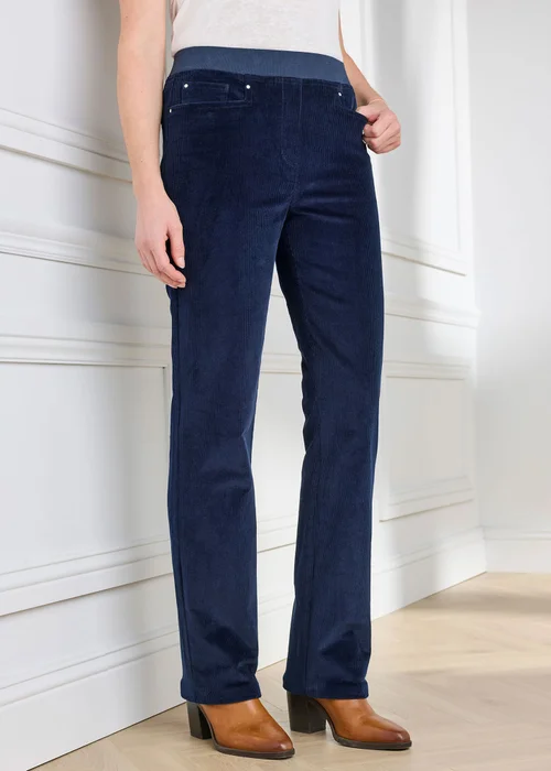Cotton Traders Navy Premium Pull On Cord Trousers - 14/L27 Image 1