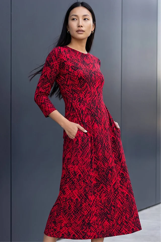 Roman Red Abstract Side Ruched Midi Dress