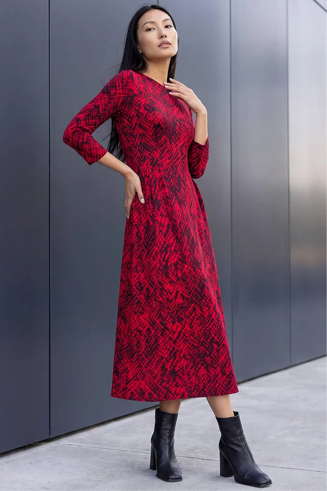 Roman Red Abstract Side Ruched Midi Dress