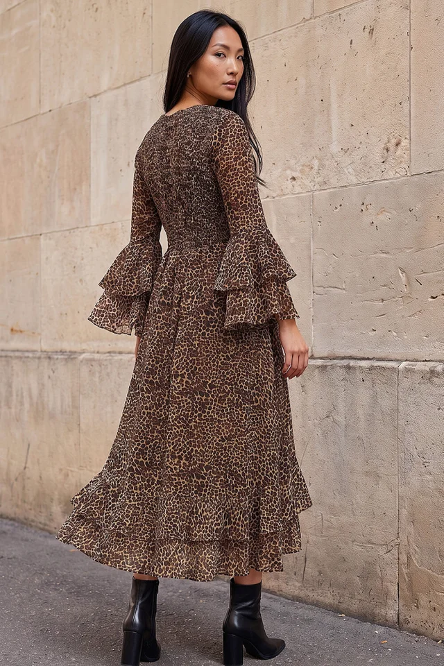 Roman Tan Animal Print Frill Sleeve Midi Dress
