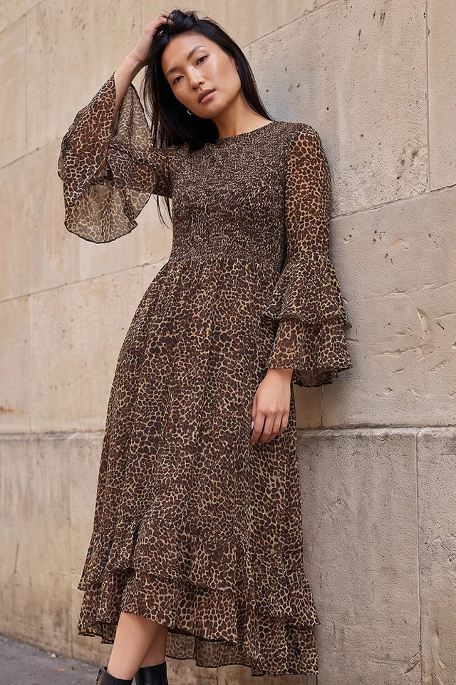 Roman Tan Animal Print Frill Sleeve Midi Dress