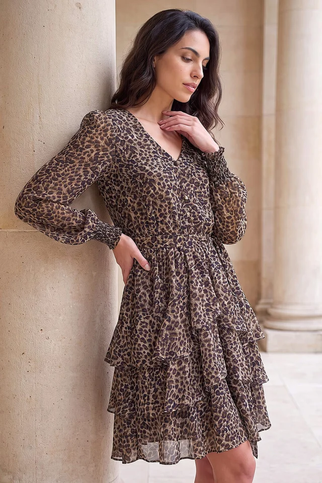 Dusk Camel Animal Print Tie Waist Dress