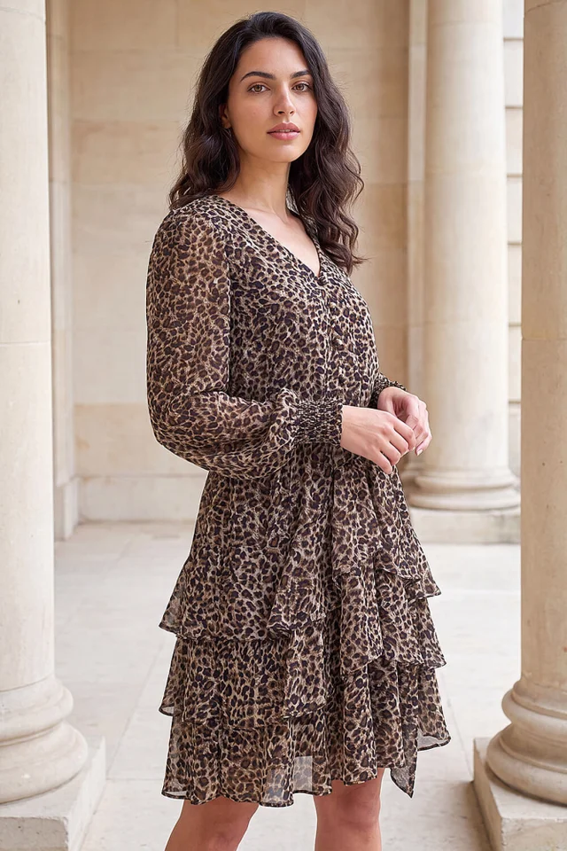 Dusk Camel Animal Print Tie Waist Dress