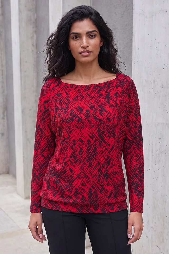 Roman Red Abstract Print Banded Hem Top