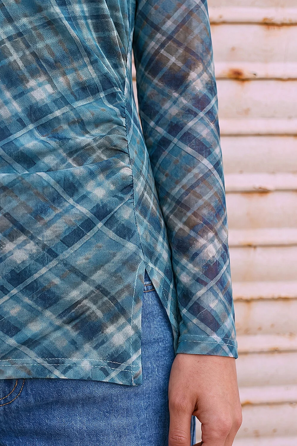 Roman Blue Check Mesh Print Gathered Top - 16 Image 4
