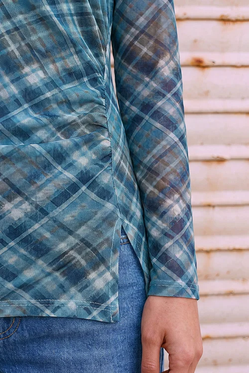 Roman Blue Check Mesh Print Gathered Top - 16 Image 4