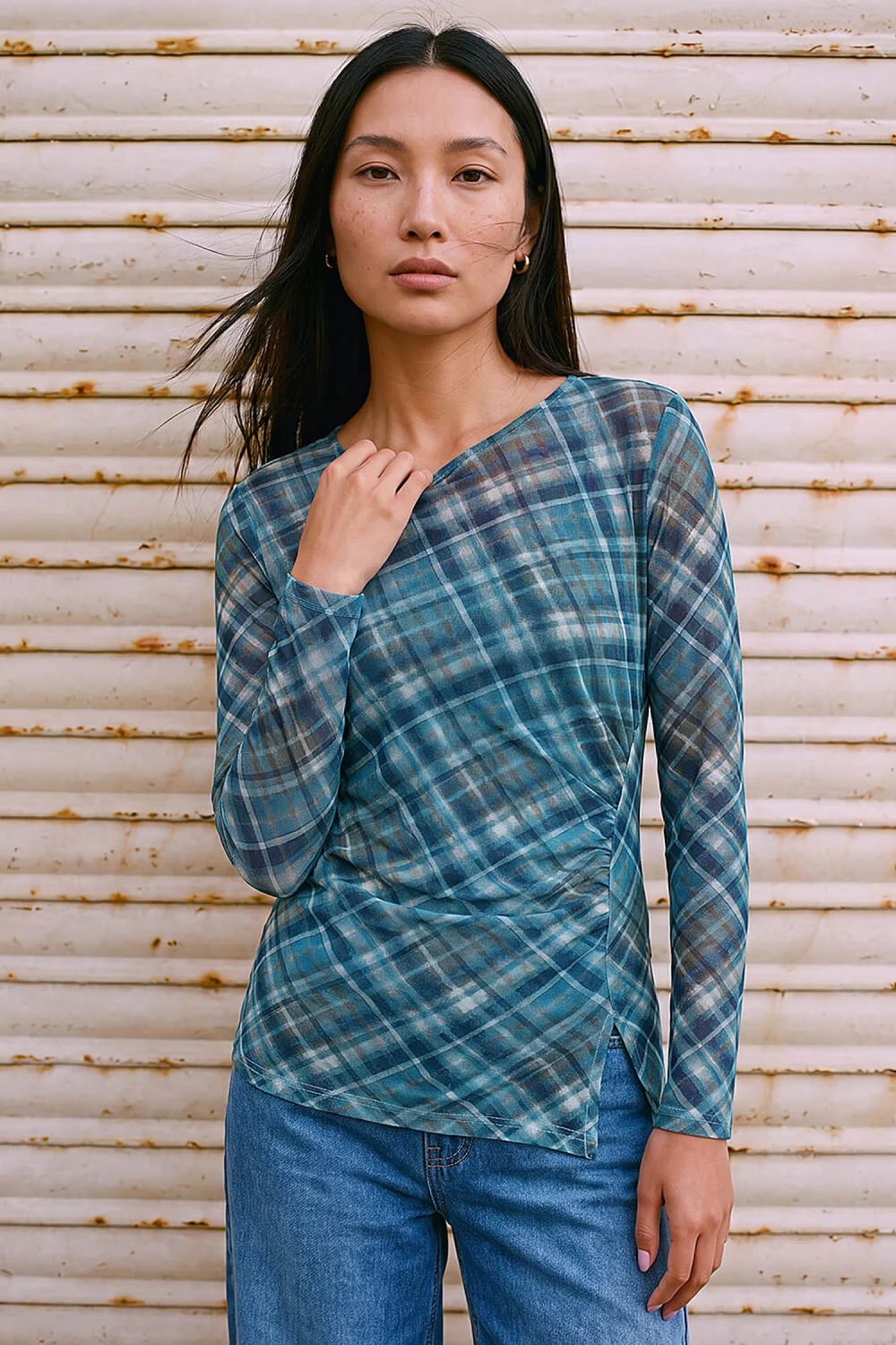 Roman Blue Check Mesh Print Gathered Top - 16 Image 1