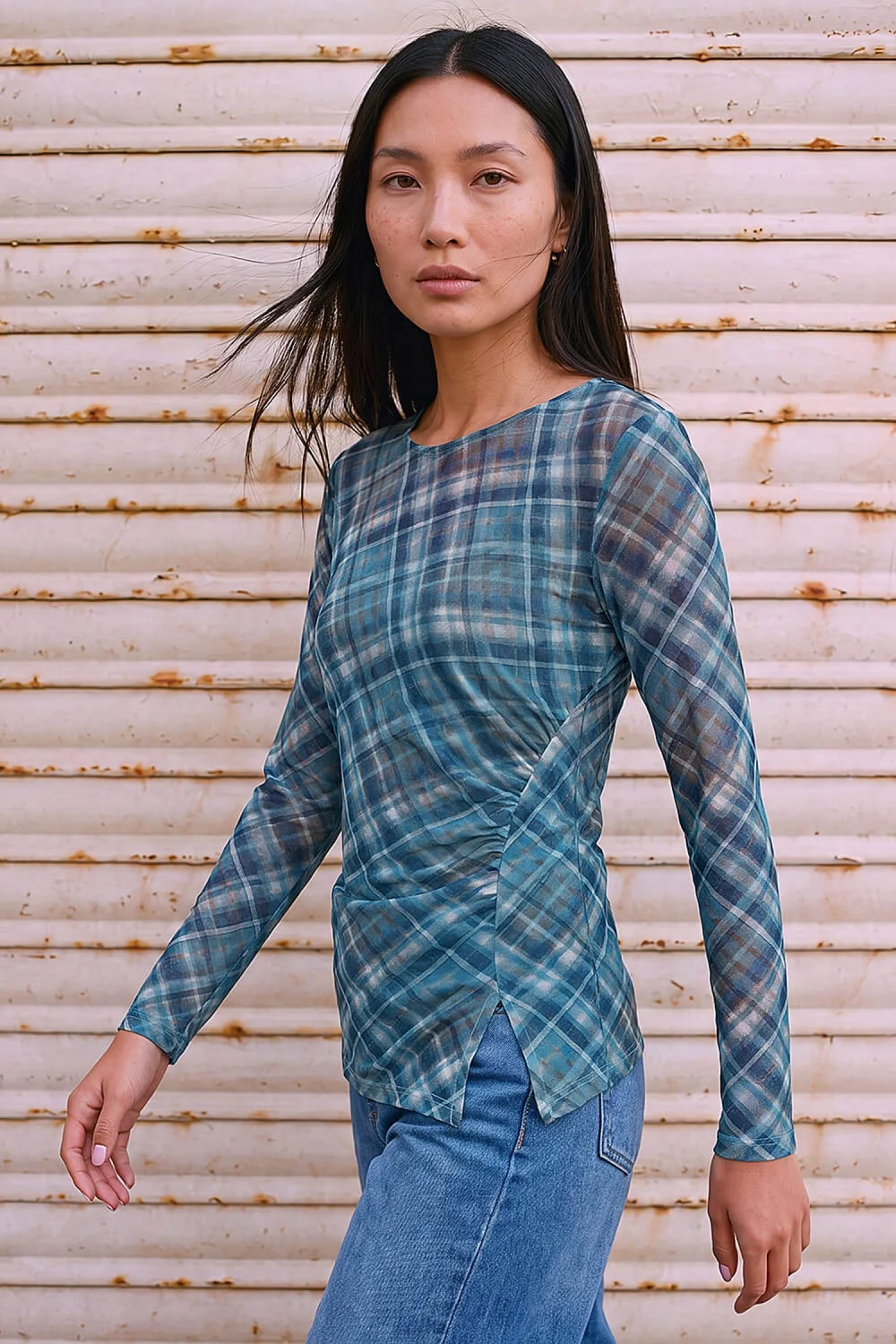 Roman Blue Check Mesh Print Gathered Top - 16 Image 2