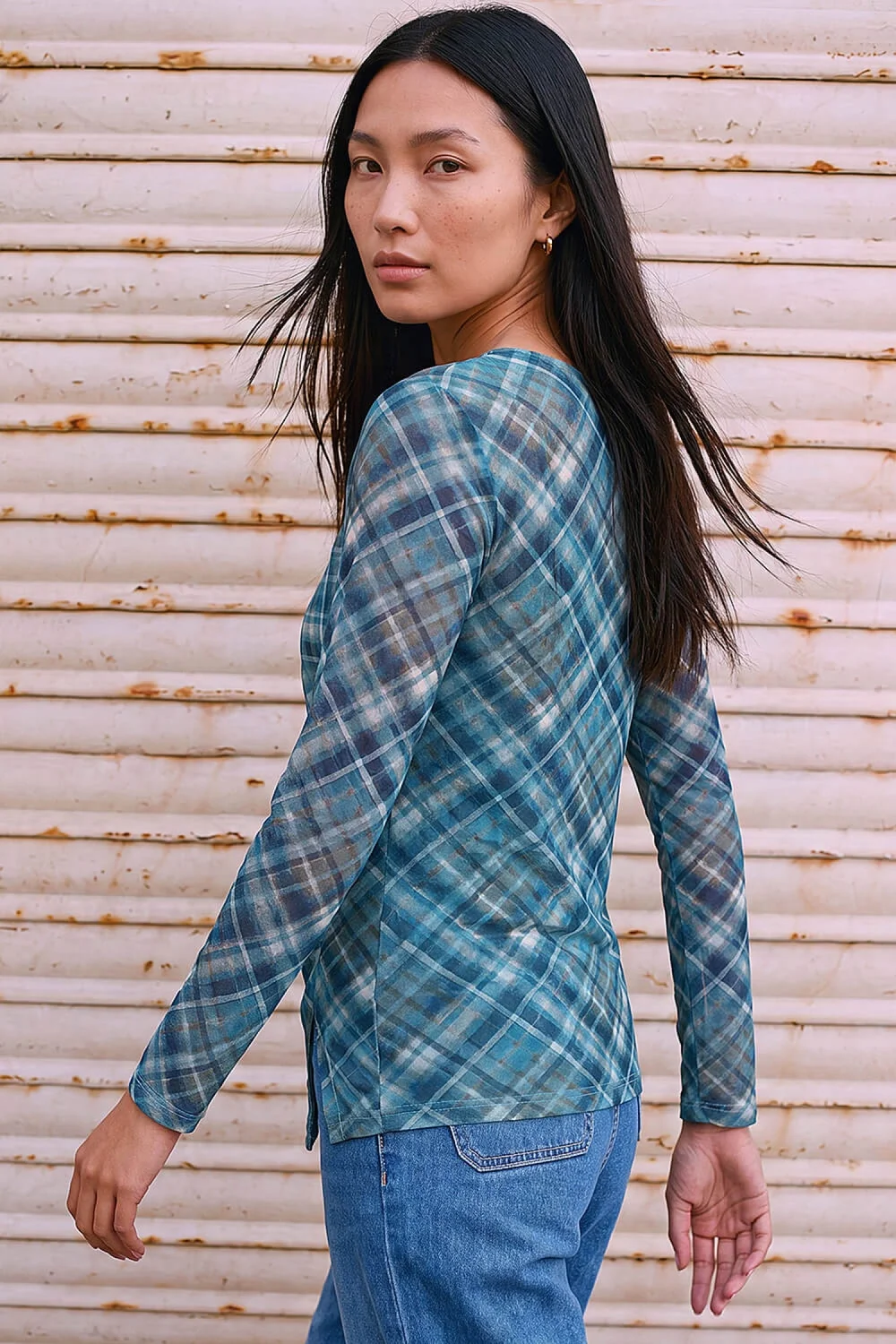 Roman Blue Check Mesh Print Gathered Top - 16 Image 3