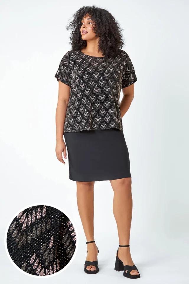 Roman Bronze Curve Glitter Embellished Contrast Stretch Shift Dress