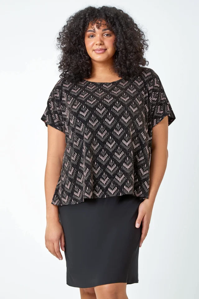Roman Bronze Curve Glitter Embellished Contrast Stretch Shift Dress