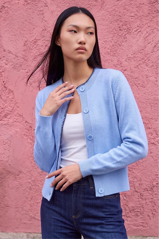 Dusk Blue Stitch Trim Knit Cardigan