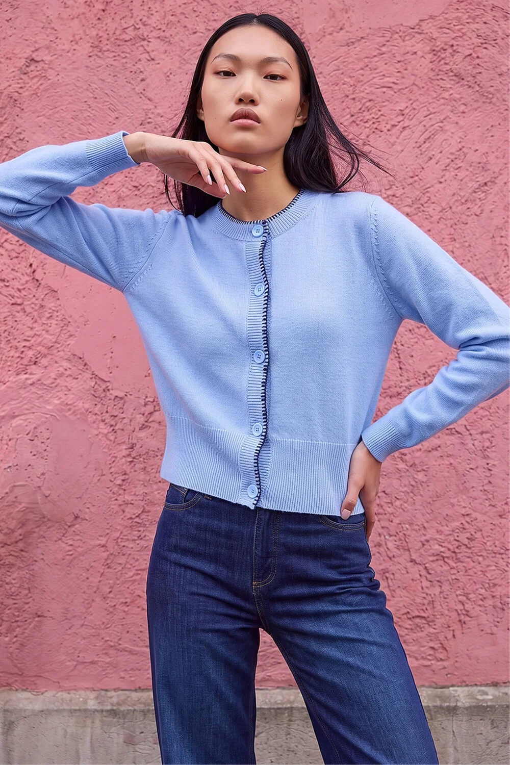 Dusk Blue Stitch Trim Knit Cardigan - 14 Image 2
