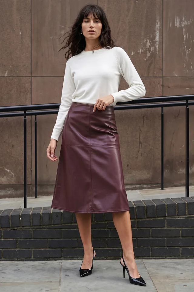 Roman Bordeaux Faux Leather Panel Pencil Skirt