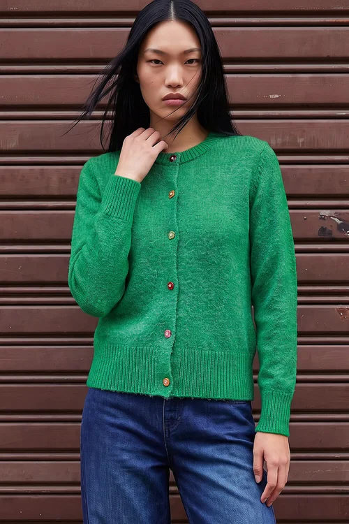Dusk Green Flower Button Knit Cardigan - 10 Image 2
