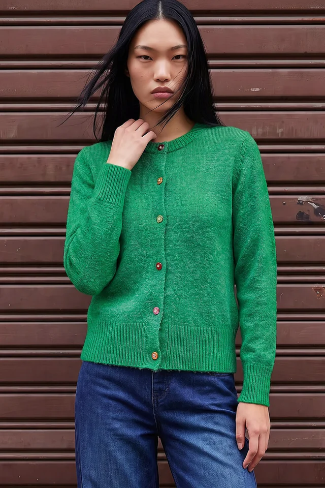 Dusk Green Flower Button Knit Cardigan