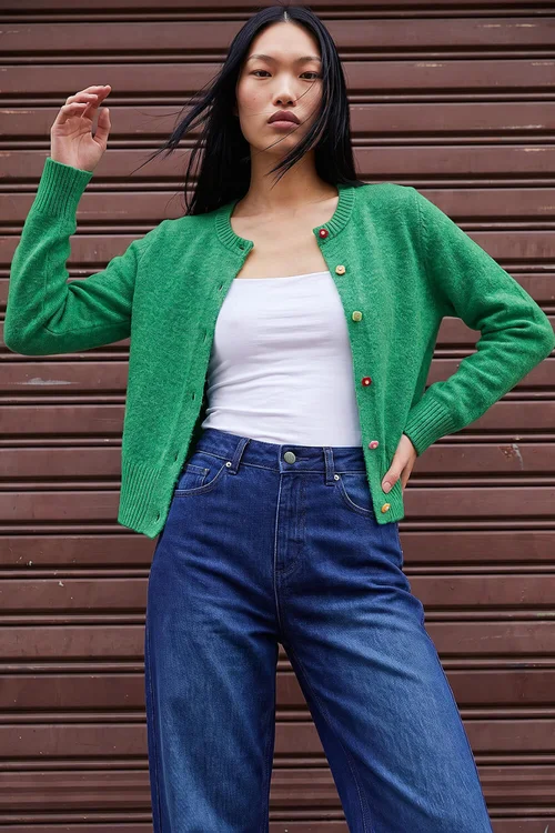 Dusk Green Flower Button Knit Cardigan - 10 Image 1