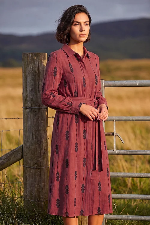 Roman Maroon Embroidered Belted Midi Dress - 16 Image 1