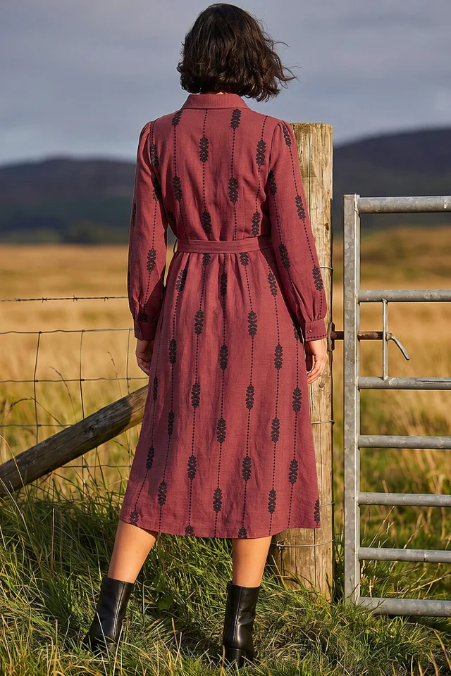 Roman Maroon Embroidered Belted Midi Dress