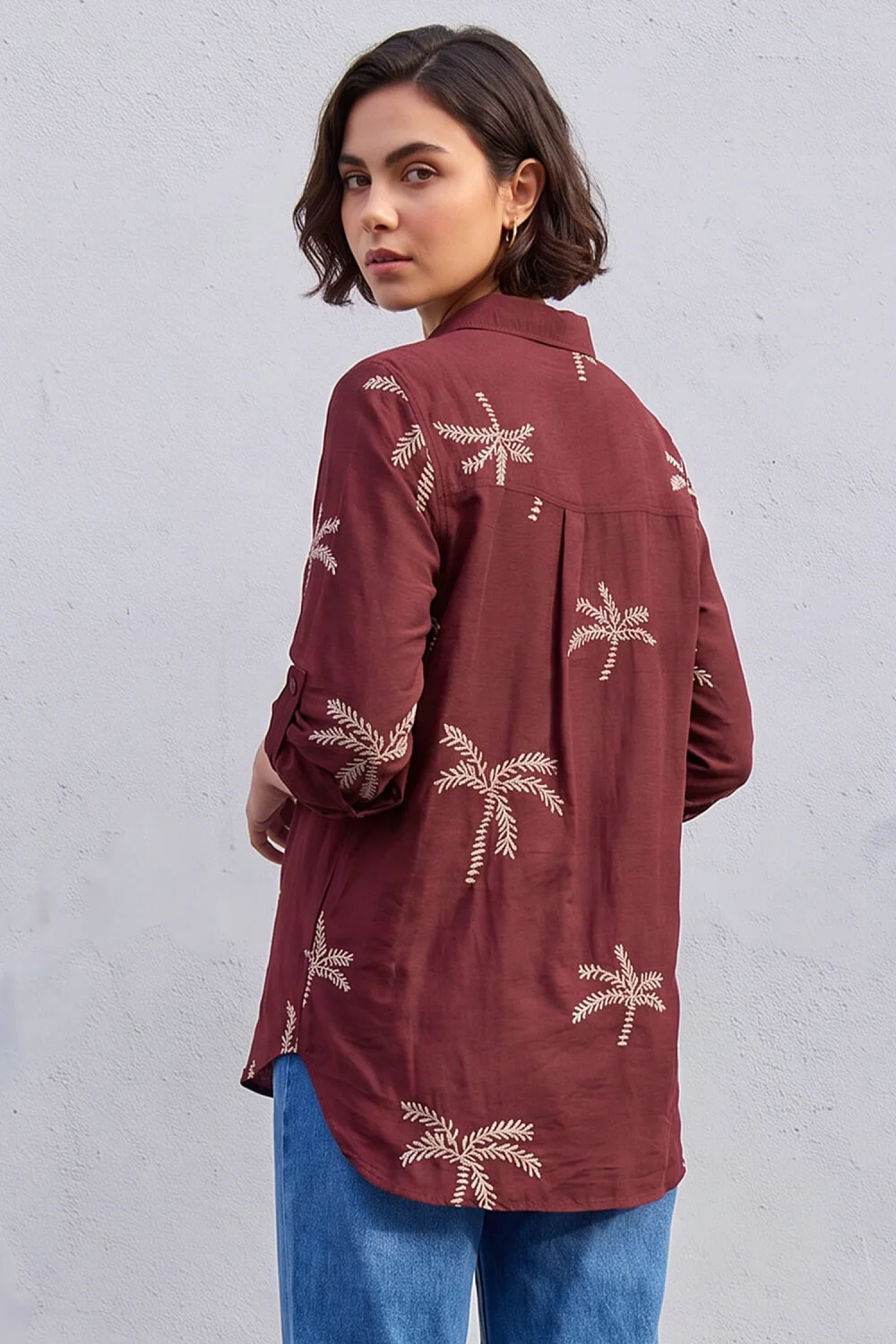 Roman Wine Embroidered Palm Print Shirt - 16 Image 3