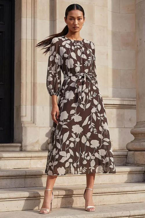 Roman Chocolate Floral Pleated Midi Dress - 18 Image 1