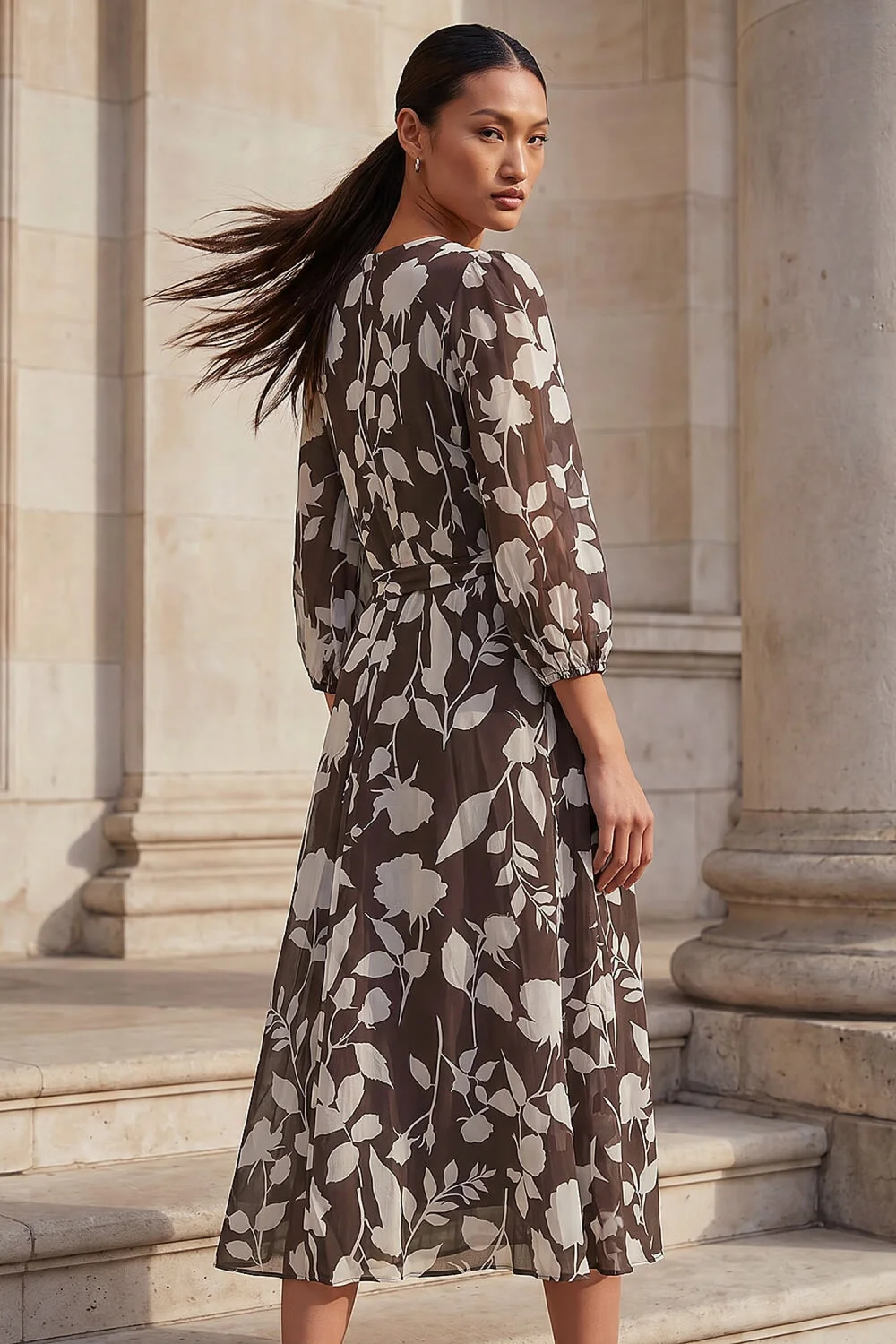 Roman Chocolate Floral Pleated Midi Dress - 18 Image 2