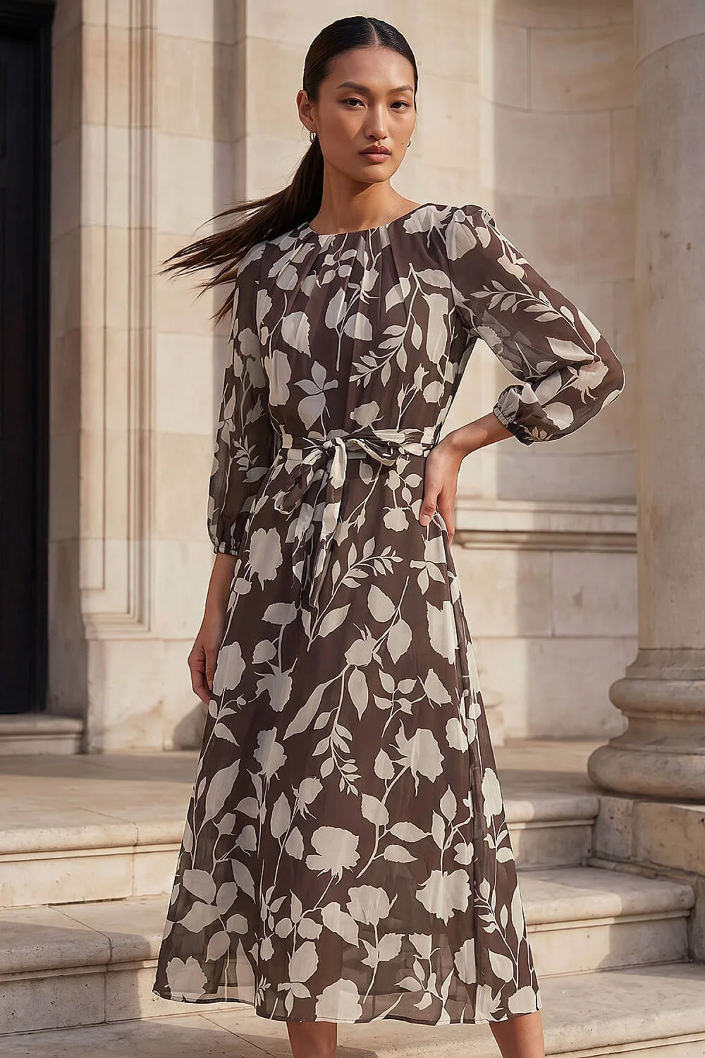 Roman Chocolate Floral Pleated Midi Dress - 18 Image 3
