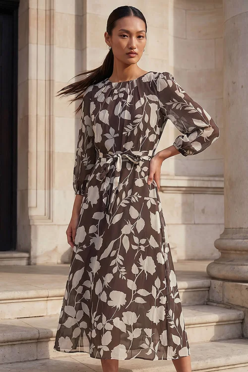 Roman Chocolate Floral Pleated Midi Dress - 18 Image 3