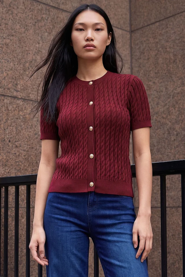 Dusk Wine Cable Knit Buttoned Top