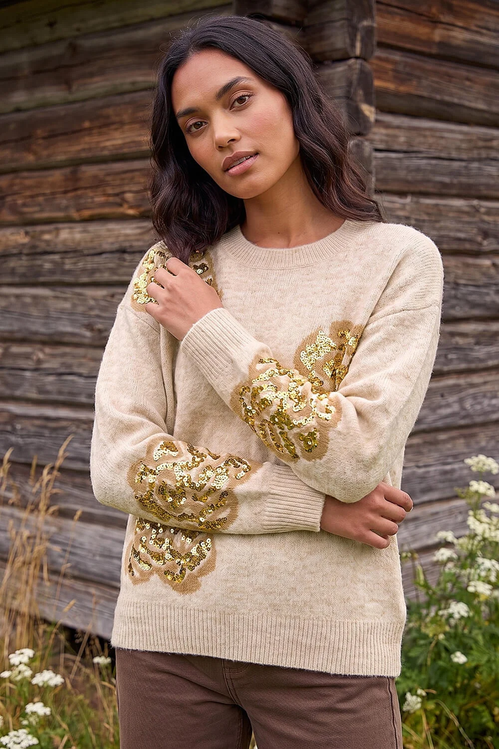 Roman Beige Floral Sequin Knit Jumper - 20 Image 1