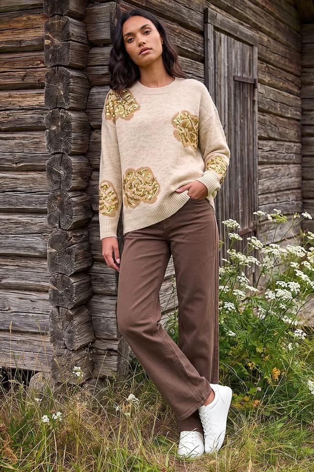 Roman Beige Floral Sequin Knit Jumper