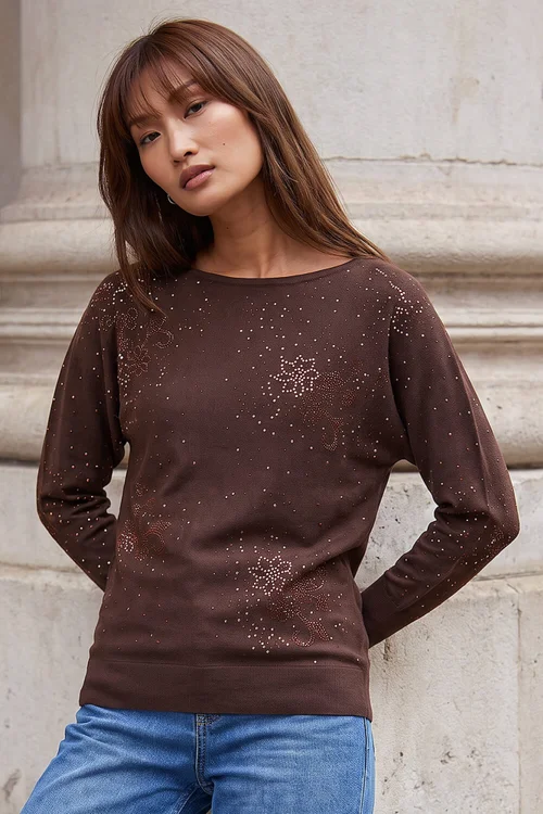 Roman Chocolate Floral Sparkle Hotfix Knit Jumper - 18 Image 3