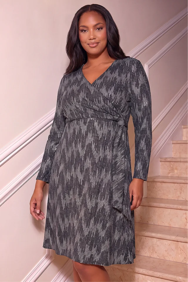 Roman Silver Curve Shimmer Stretch Wrap Dress