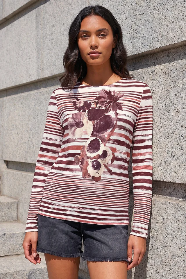 Roman Rust Floral Stripe Print Top
